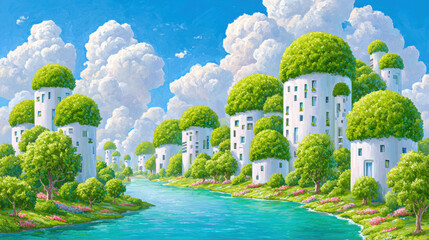 Green world, A vibrant, surreal landscape featuring unique buildings surrounded by greenery and a flowing river under a blue sky.