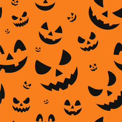 Seamless Halloween pattern with spooky jack-o’-lantern faces on orange background. Scary and funny pumpkin silhouettes, perfect for seasonal design, party decor, and holiday themes.