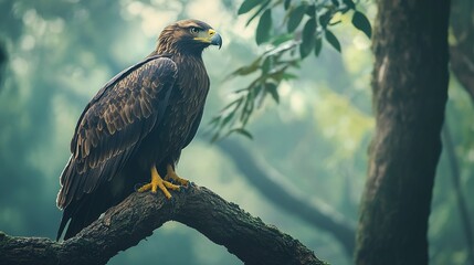 High-resolution close-up of eagle perched on tree bark