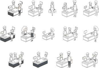 Cartoon people at store checkout, shopping payment scenes, cashier and customer interactions, retail transaction illustrations, modern shop counter process