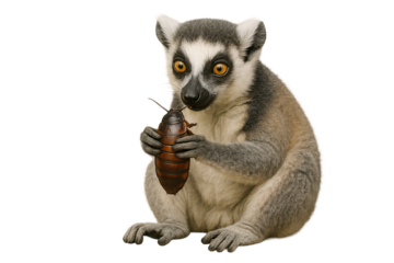 Lemur holding cockroach on a transparent background. Animals. Nature. Humor. Contrast. zoo