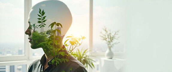 Photo realistic as Person with a smart thermostat energy efficient home and plants overlay symbolizing eco conscious living in double exposure with copy space. concept as A person intertwined with a s