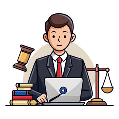 Professional male lawyer vector illustration working on laptop with gavel beside him symbolizing law, justice, legal practice, and courtroom authority