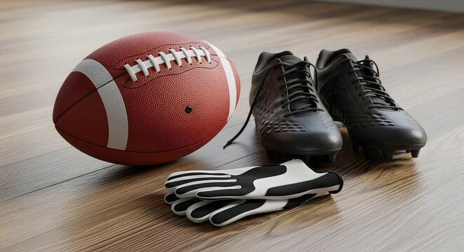 American football, shoes and gloves on wood floor - Powered by Adobe