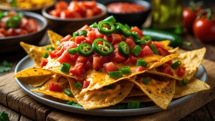 Plate of nachos topped with salsa, sliced jalapeÃ±os, and chopped green onions, with bowls of salsa in the background.