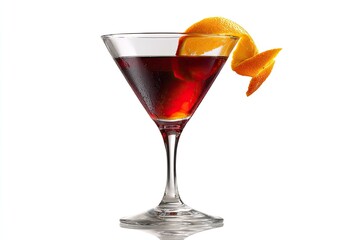 Red cocktail in martini glass, garnished with orange peel