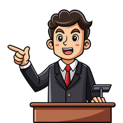 Confident lawyer in professional suit pointing and giving powerful courtroom argument illustration, justice attorney vector design for legal themes