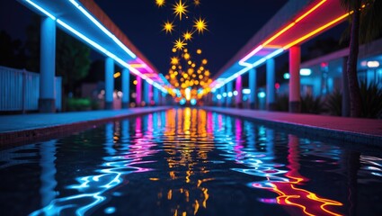 Colorful neon lights over a swimming pool at night with star-shaped lights hanging above, creating a vibrant and festive atmosphere.