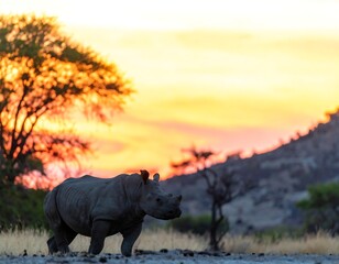 Fototapeta premium Silhouette rhino at sunset