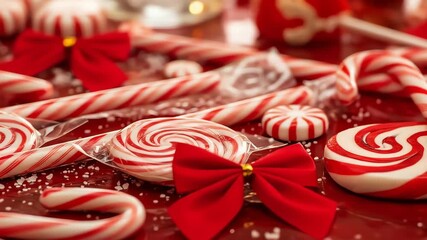Closeup of red and white striped candies and red bows - Powered by Adobe