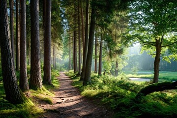 Obraz premium Forest path hiking trail nature walk peaceful woodland sunlight trees outdoor adventure