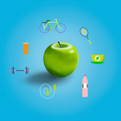 Healthy Lifestyle Concept with Green Apple and Fitness Icons