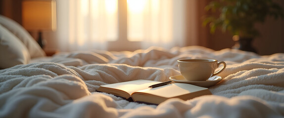 Serene self care for mother scenario presenting journal and pen on bed with cup of chamomile tea and cozy blanket at sunrise window light in  Photo Stock  Concept  and empty space on the left side