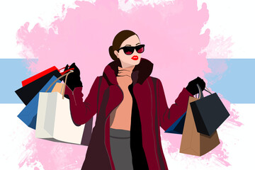 Stylish Woman with Shopping Bags in Fashion Illustration