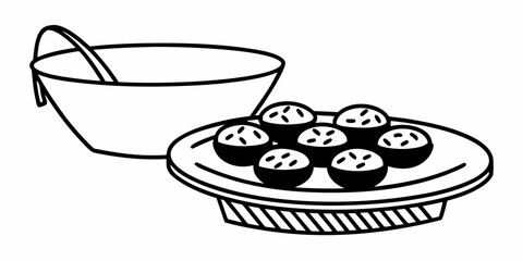 Illustration of a bowl with a spoon and a plate of filled dumplings in black and white outline style