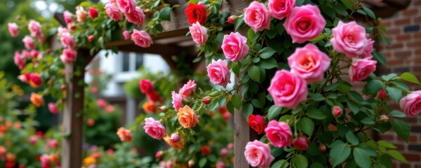 climbing roses draping garden trellis, thick wooden beams holding stems, cinematic photorealistic wide shot showcasing essential support for climbing plants vividly rendered