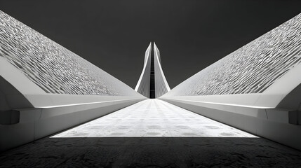 A grayscale photograph of a modern architectural structure resembling a bridge or walkway with a converging perspective.