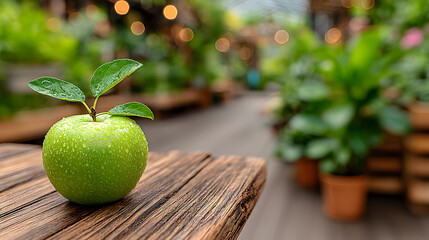 A green apple with leaves sits on a rustic wooden surface.  Blurred background shows indoor plants.