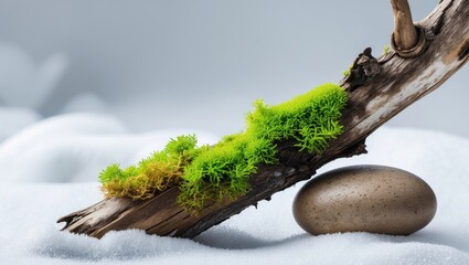 Fototapeta premium Moss growing on a piece of driftwood resting on snow next to a smooth stone.