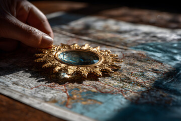 A hand holding a small, ornate, gold-colored mirror resting on a map.