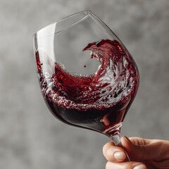 A hand holding a wine glass with red wine swirling inside against a gray background.