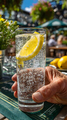A hand holds a tall glass of sparkling water with a lemon slice, outdoors on a table.