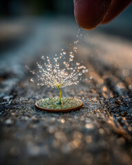 A hand sprinkling water on a small plant growing on a coin.