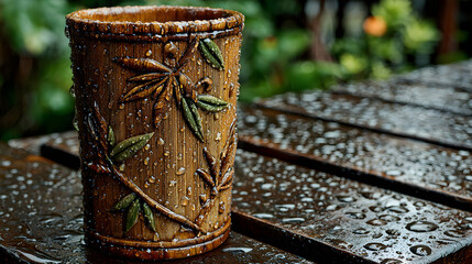 A handcrafted bamboo cup sits on a wet wooden surface outdoors.