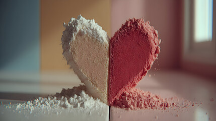 A heart shape made of white and red powder on a surface
