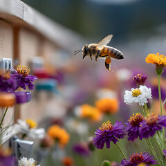 A honeybee in flight near a beehive and flowers.