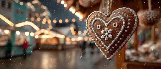 A heart-shaped Lebkuchen cookie hanging at a Christmas market.