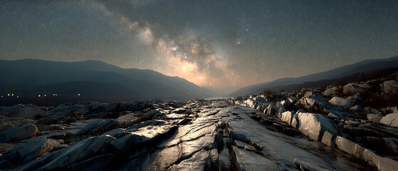 A landscape photograph showing a rocky terrain at sunset with a cloudy sky and distant mountains.