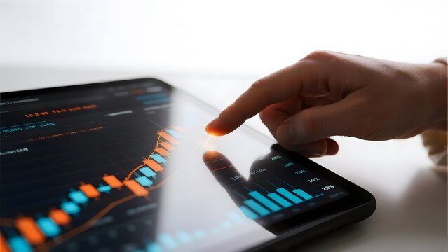 Hand interacting with digital financial charts on a tablet and smartphone