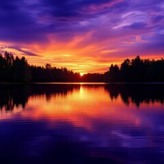 Obraz premium Vibrant sunset over a calm lake with dramatic purple and orange clouds reflecting on the water