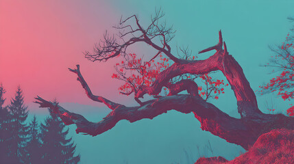 A large, gnarled tree branch against a misty, pink and teal background.