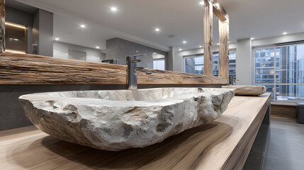 A large, rough-hewn white stone sink displayed on a light beige countertop in a modern showroom.