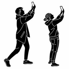 Two people silhouettes holding smartphones up to take photos or videos against a white background