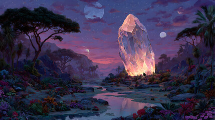A large crystal structure in a lush, nighttime landscape.