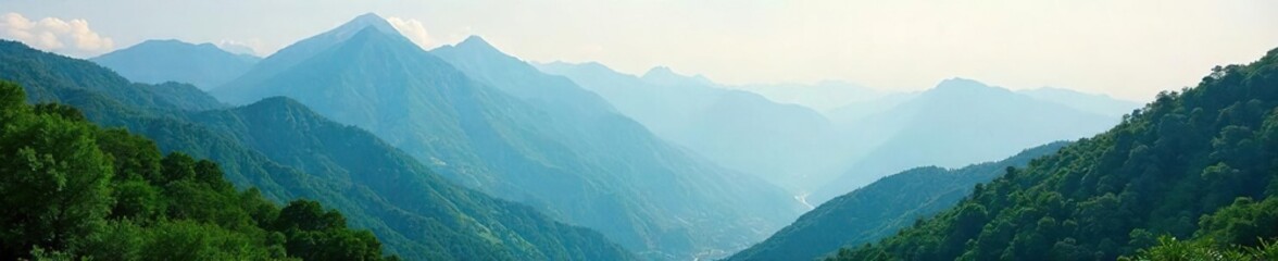 Fototapeta premium Serene mountain landscape perfect for a peaceful retreat Misty peaks, lush greenery, and a tranquil atmosphere ideal for relaxation and rejuvenation , horizon, fog