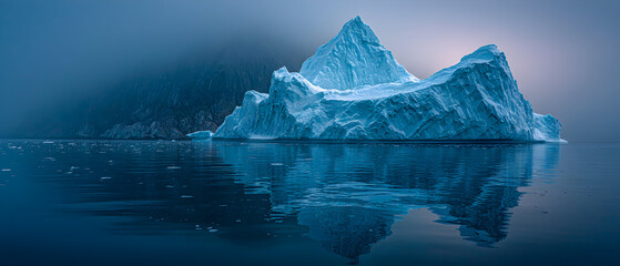 A large iceberg in the ocean, reflecting in the water.