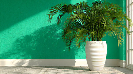 A large potted plant against a teal wall.