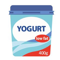 A vector illustration of a blue and white yogurt container with text and nutritional information.