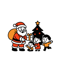 Fototapeta premium Flat outline duotone illustration of Santa Claus giving gifts to children near Christmas tree. Festive holiday scene of joy, tradition and New Year celebration isolated on white background.