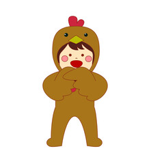 A young child wearing a chicken costume, smiling and holding their hands near their chest.