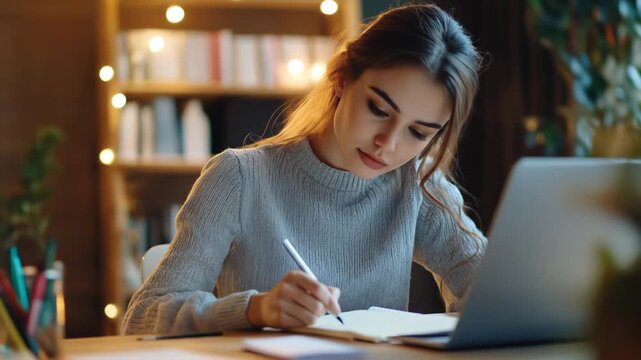 Focused female student studying online at night, writing notes in a notebook with a laptop.