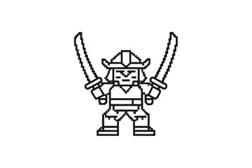 Pixelated Samurai Warrior Holding Swords Retro 8Bit Outline on White Background