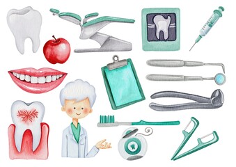 Watercolor dentist tools and elements designer set collection 