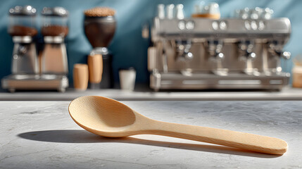 A light brown wooden spoon rests on a light gray surface, with a blurred background showing a coffee machine and cups.