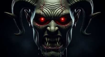 A Terrifying Horned Demon Skull with Glowing Sinister Eyes