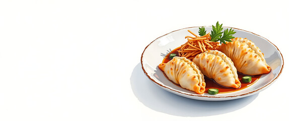 Watercolor Illustration of Gyoza Plate for Culinary Projects - Asian Cuisine Design with Empty Space on Left Side